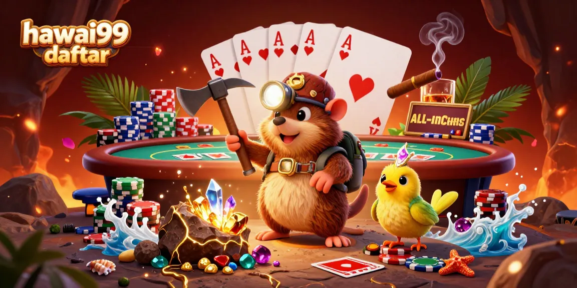 Win big with hawai99 daftar at a vibrant casino illustrated scene filled with poker excitement.