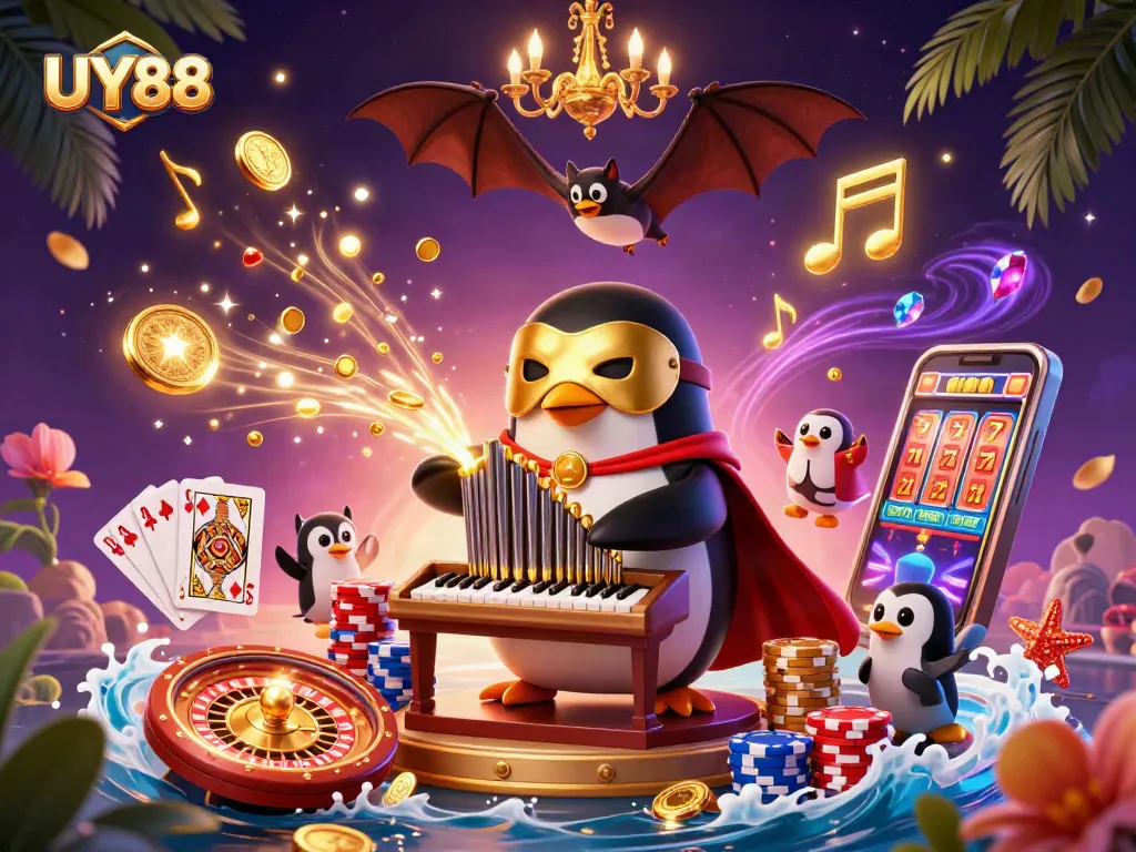 Spin the UY88 slots with vibrant winnings and a captivating 3D penguin scene.