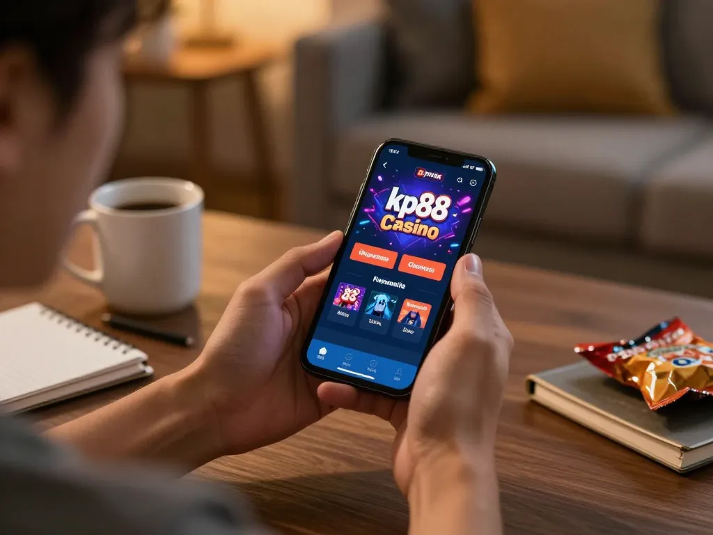 Engaged user playing kp88 com casino app on smartphone in cozy home setting, showcasing responsible gaming.