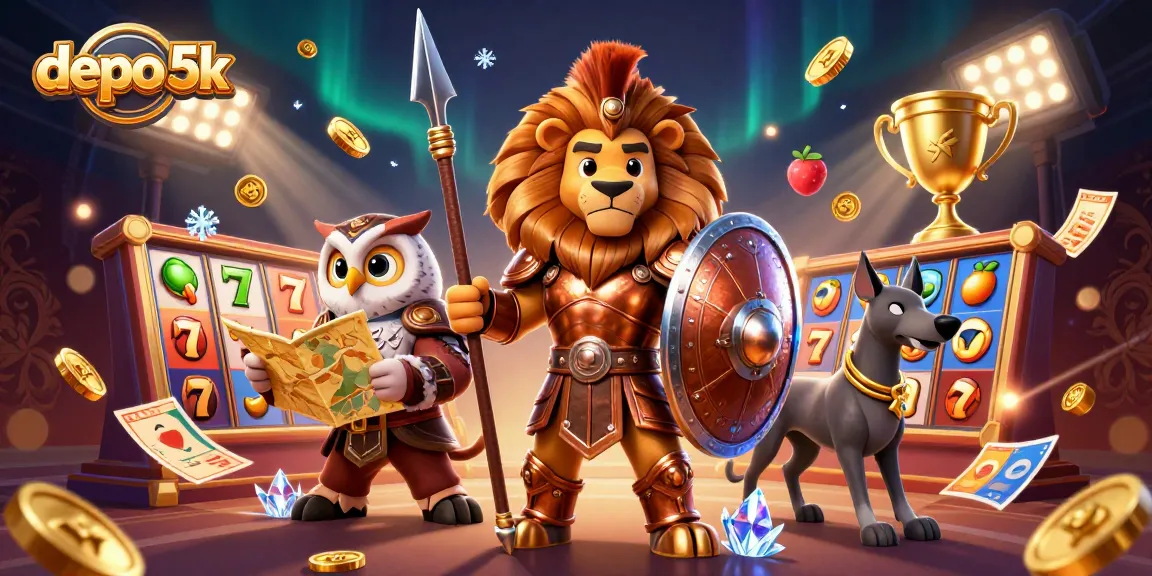 Experience the thrill of depo 5k with a vibrant casino scene featuring slot reels and heroic characters.