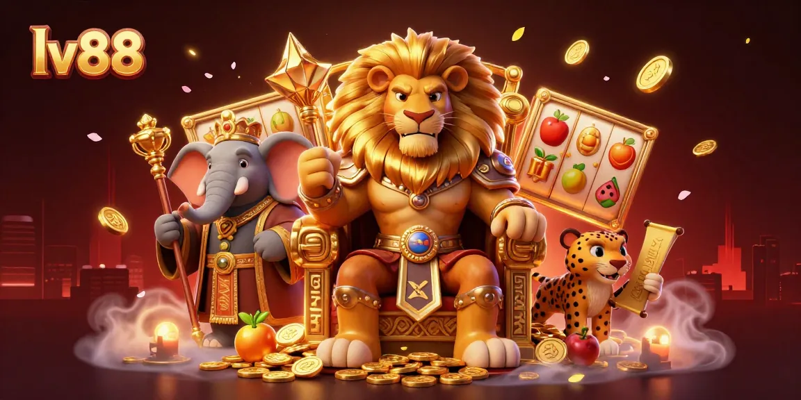 Experience the excitement of lv88 with a vibrant 3D casino scene featuring a lion king, elephant advisor, and cheetah messenger.