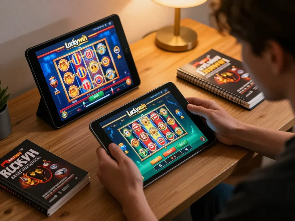 Player engages with the luckywin casino app, showcasing online gaming strategy with vibrant visuals.