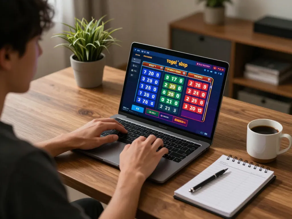 Engage in online gaming with togel sgp results on laptop, showcasing strategic home setup