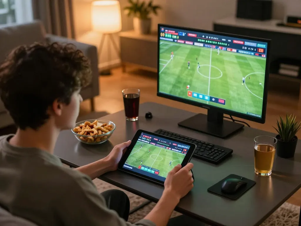 The person using a tablet for sports betting on trang cá cược bóng đá in a comfortable home setting.