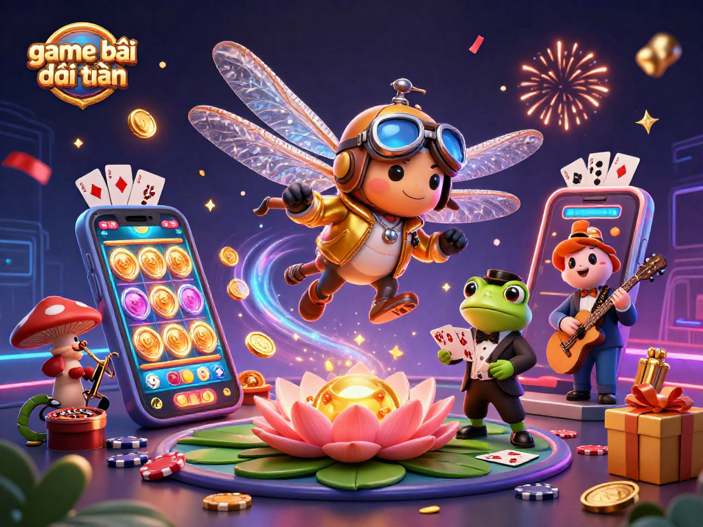 Engage with game bài đổi thưởng at a vibrant lily pad casino featuring a dragonfly pilot, frog croupier, and jazz cricket musicians.