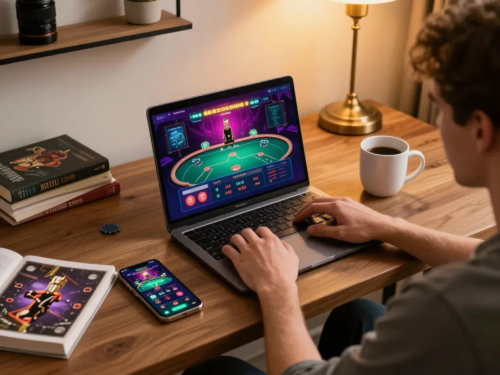 Person engaging in online casino gaming at home with 789club app on display.