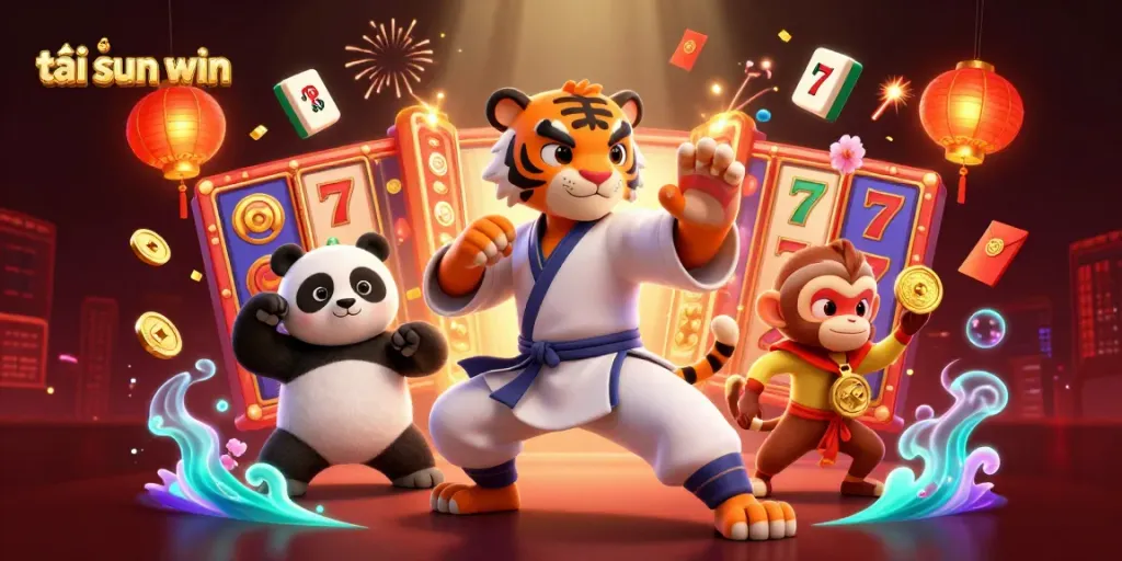Engage with the vibrant world of tải sun win as a kung fu tiger master stands poised amid slot reels and fortune symbols.