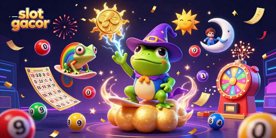 Permainan slot gacor dengan wizard kodok dan chameleon pelangi dikelilingi koin emas dan unsur perjudian menarik.