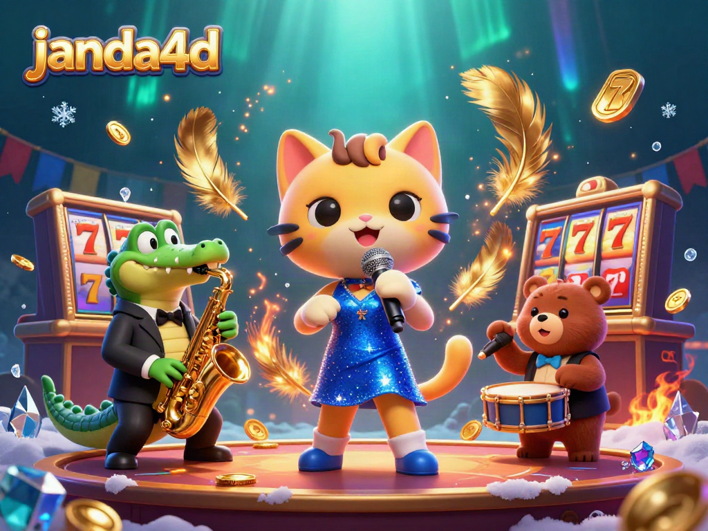 Gambaran dinamis janda4d dengan karakter kucing penyanyi jazz dan simbol slot yang bersinar.