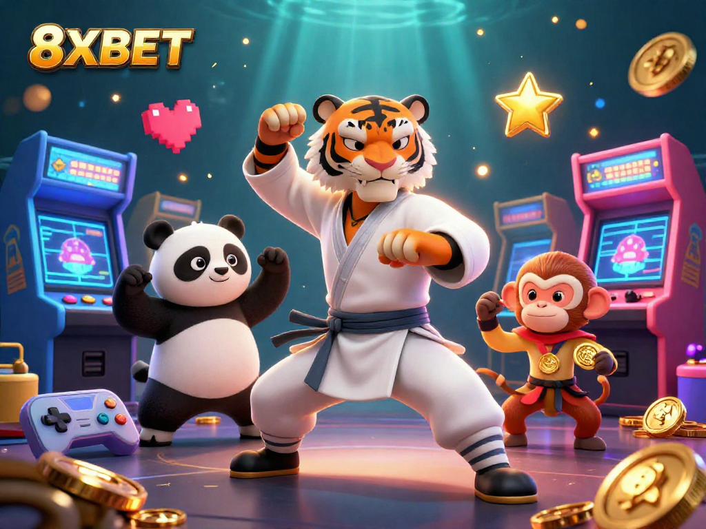 Engage with 8XBET's thrilling casino experience amidst vibrant gaming elements and animated characters.