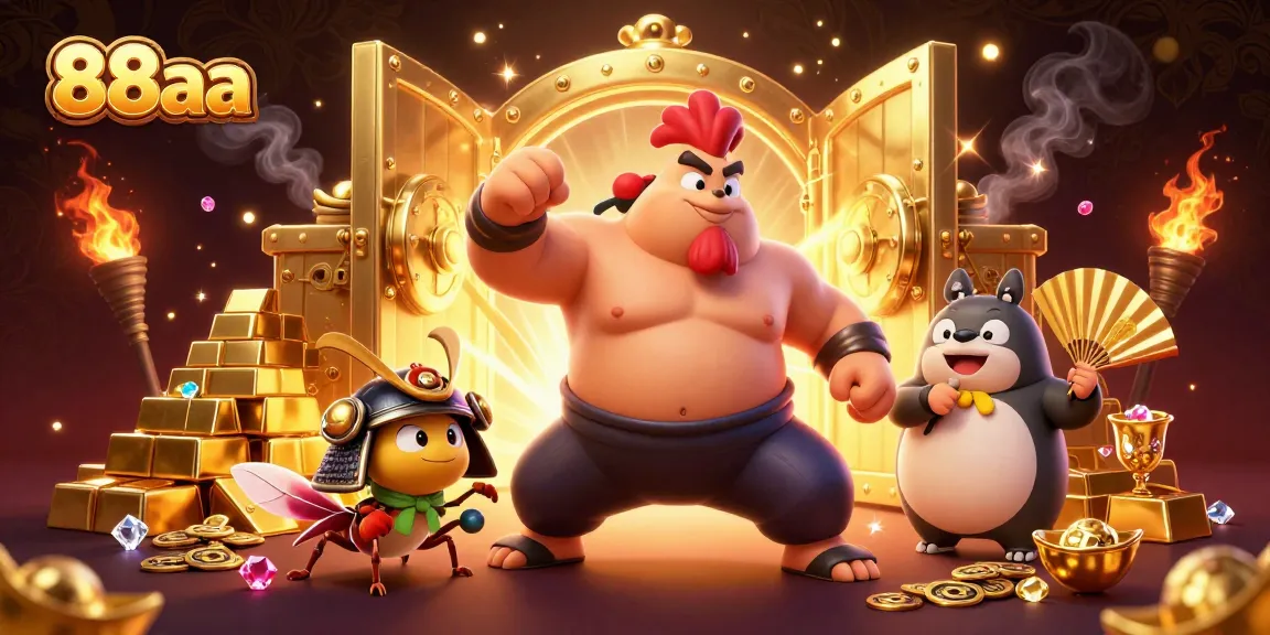Experience the thrill of 88aa with a powerful sumo rooster and treasures overflowing!