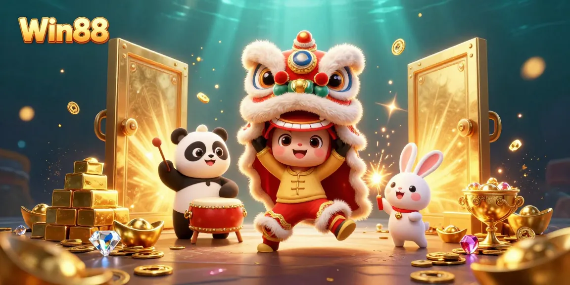 Win88 players enjoy thrilling casino experiences surrounded by treasures and festive decorations.