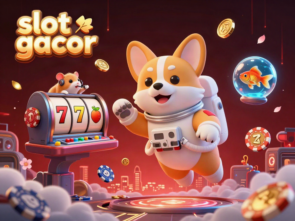 Enjoy the thrill of slot gacor in a lively space station casino with an astronaut corgi and vibrant gaming elements.