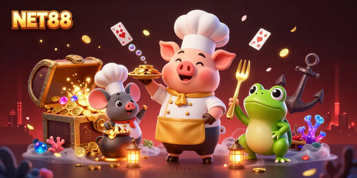 NET88 showcases a vibrant 3D scene of a culinary casino with gold coins and entertaining characters.