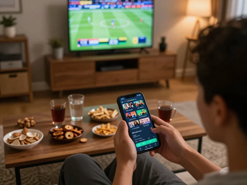 Place bets on sports using gnk88 app in a cozy home setting, enjoying excitement.