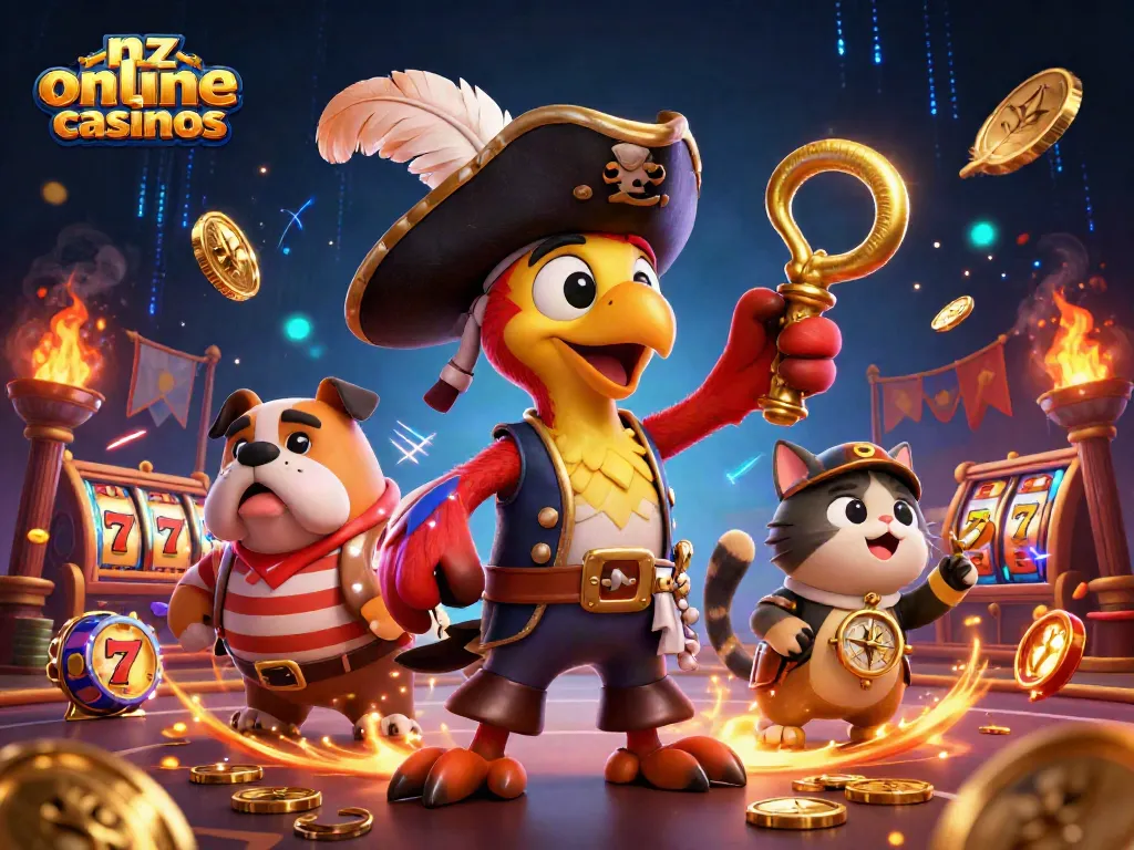 Engage with the excitement of nz online casinos in a vibrant 3D scene with a pirate captain and friends.