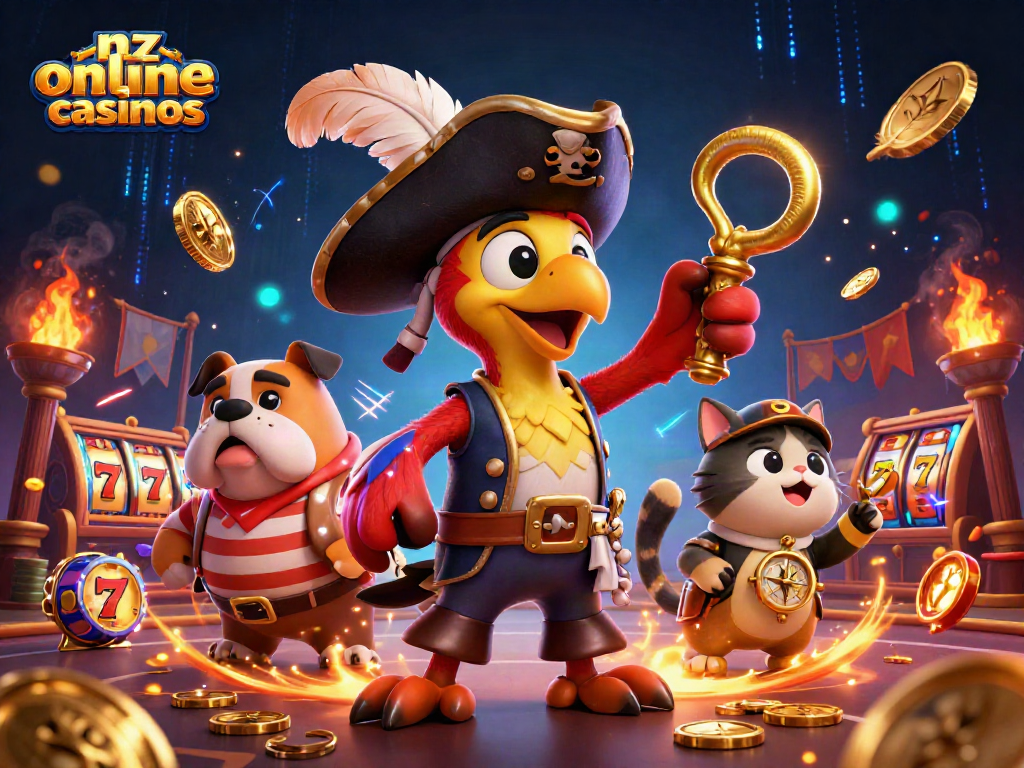 Engage with the excitement of nz online casinos in a vibrant 3D scene with a pirate captain and friends.