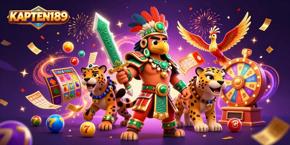 KAPTEN189 menampilkan ilustrasi kasino dengan pahlawan Aztec dan simbol slot dinamis.