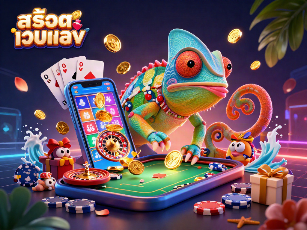 Engage with สล็อตเว็บตรง at this vibrant casino scene featuring chameleon character, slots, and poker elements.