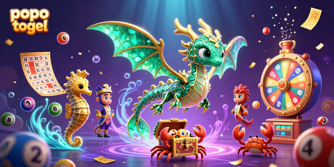 Popo togel game scene featuring a sea dragon and vibrant lottery symbols, showcasing dynamic gaming excitement.