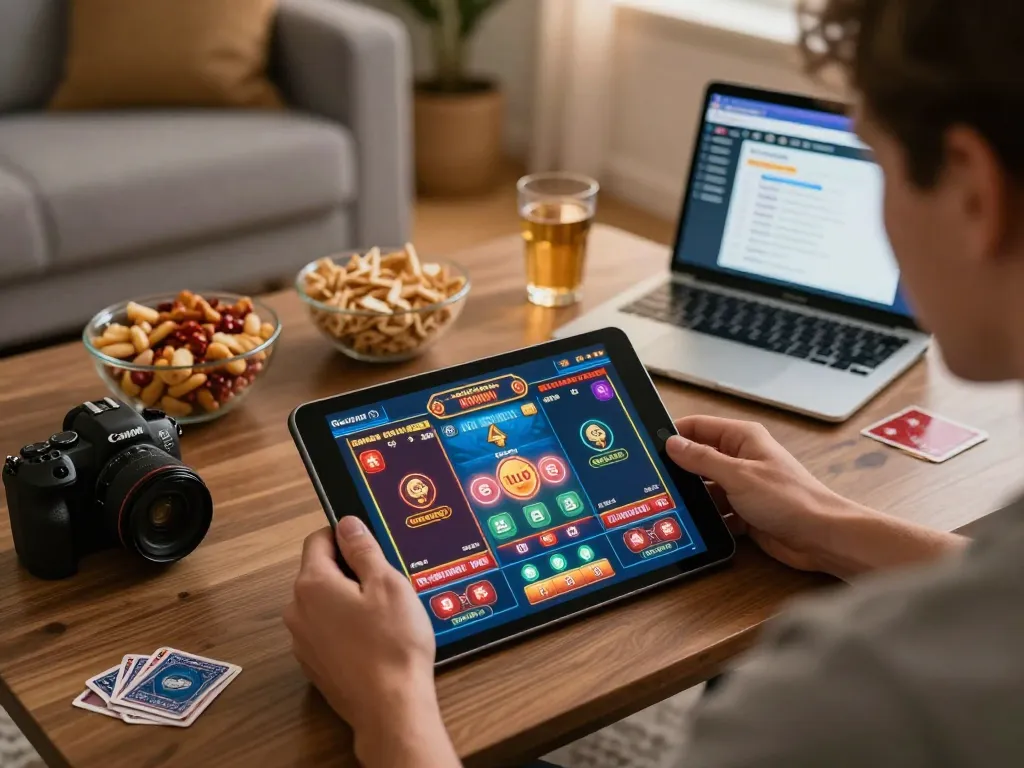 Player engaging with link fly88 on tablet for an exciting online casino session in a cozy living room.