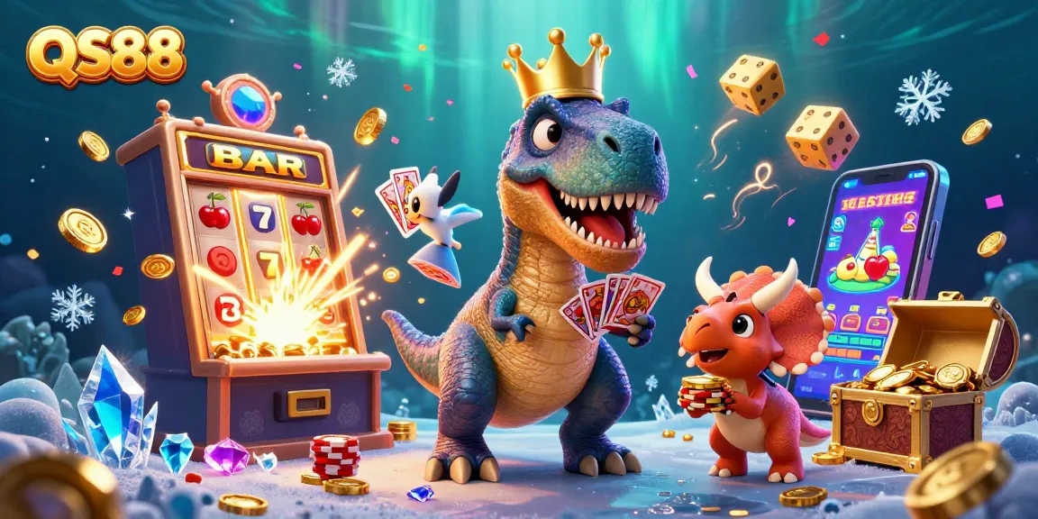 Spin the reels at QS88 with a playful T-Rex and friends in a vibrant casino scene.