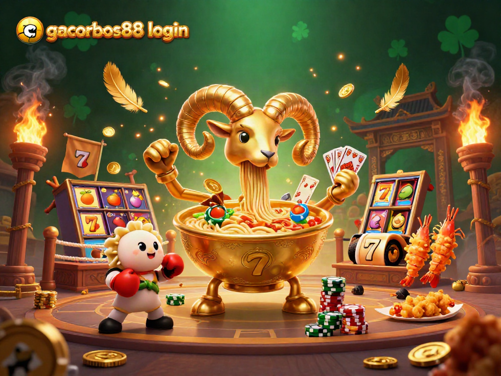 Join the action with gacorbos88 login as a giant ramen bowl and friends deal cards in a vibrant casino.