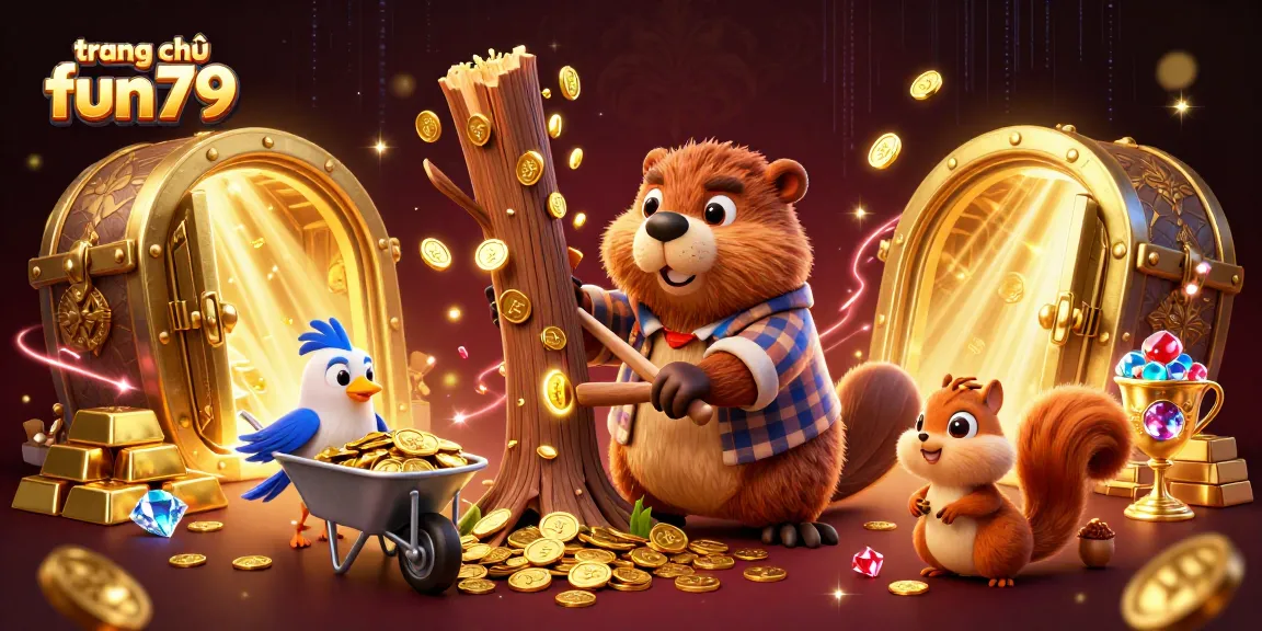 Experience excitement at trang chủ fun79 with our vibrant casino scene featuring a beaver and friends celebrating riches.