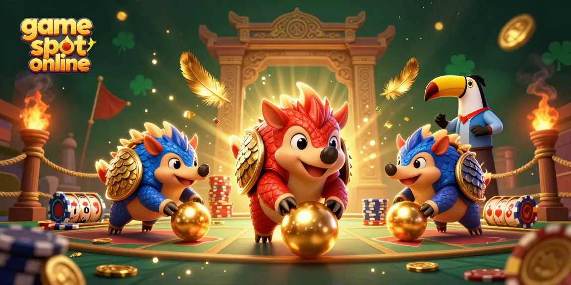 Experience exciting game slot online action with rival pangolins and golden coins in a vibrant casino scene.