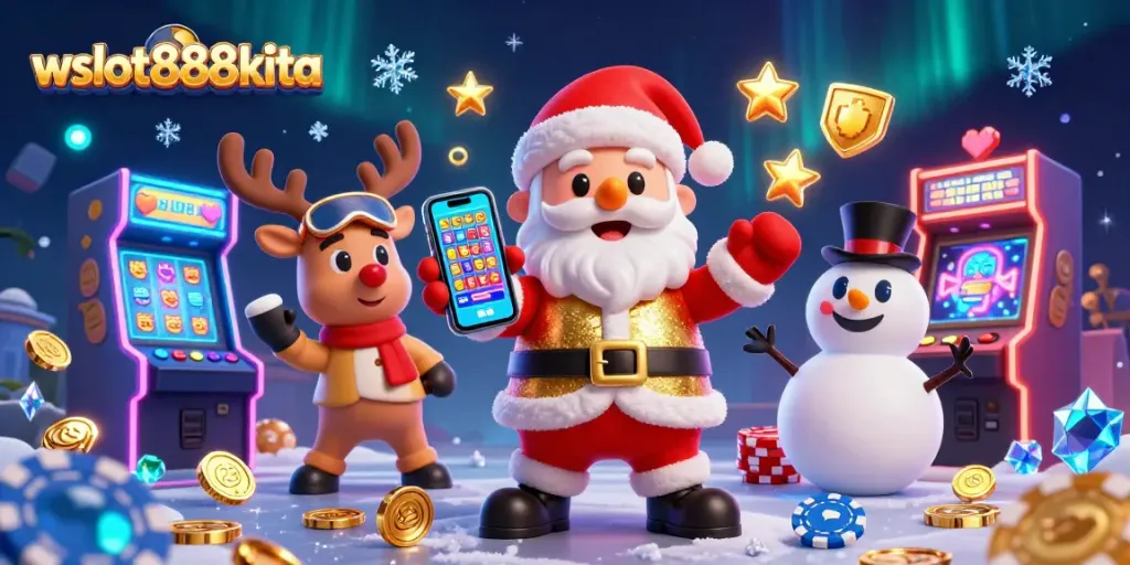 Menangkan jackpot di wslot888kita dengan Santa Kartun dan teman-teman di mesin permainan berwarna-warni.