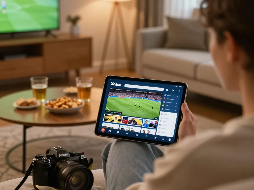 Xoilac app streaming live football in a cozy living room atmosphere