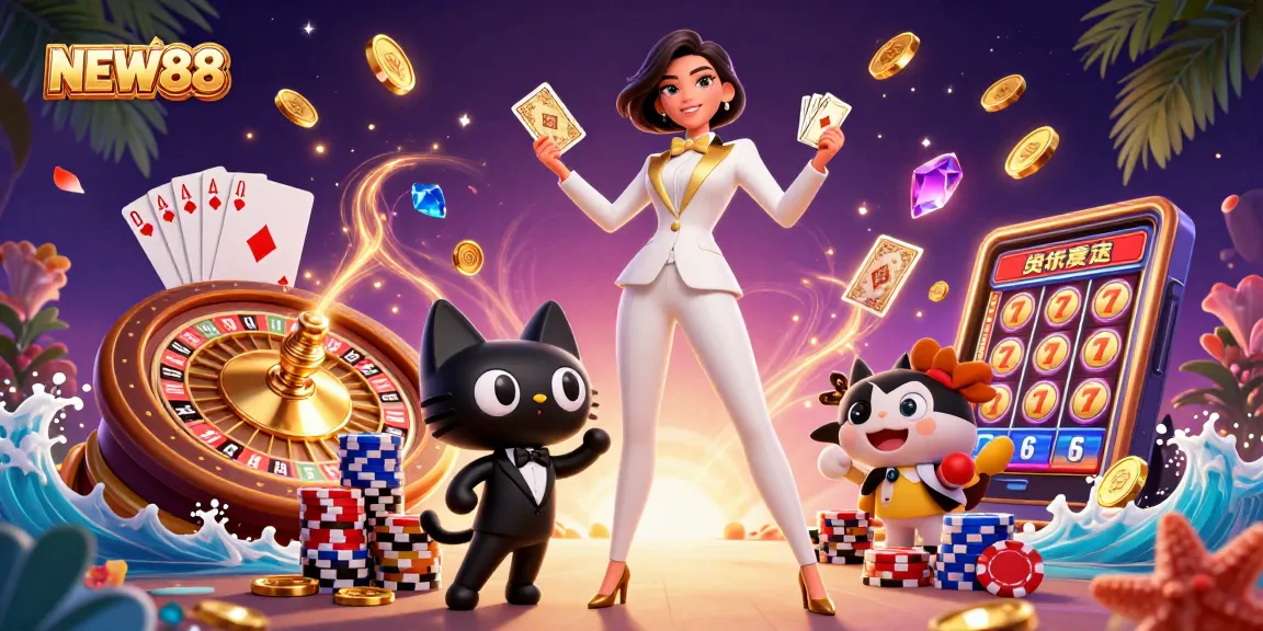 Experience thrilling wins at NEW88 with a glamorous dealer shuffling cards amidst dazzling casino elements.