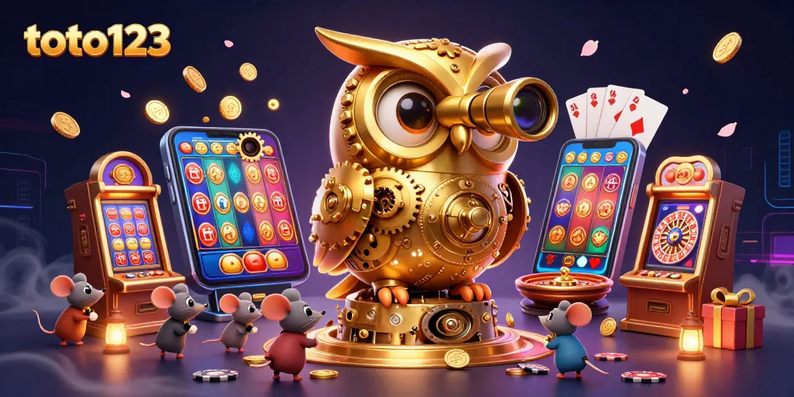 Engage with the dynamic features of toto123, featuring a golden owl and lively casino elements