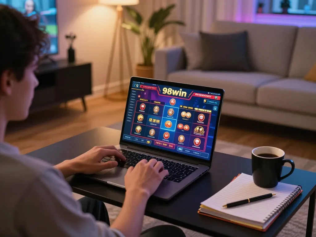 Engaging with 98win com during an exciting online gaming session in a cozy living room