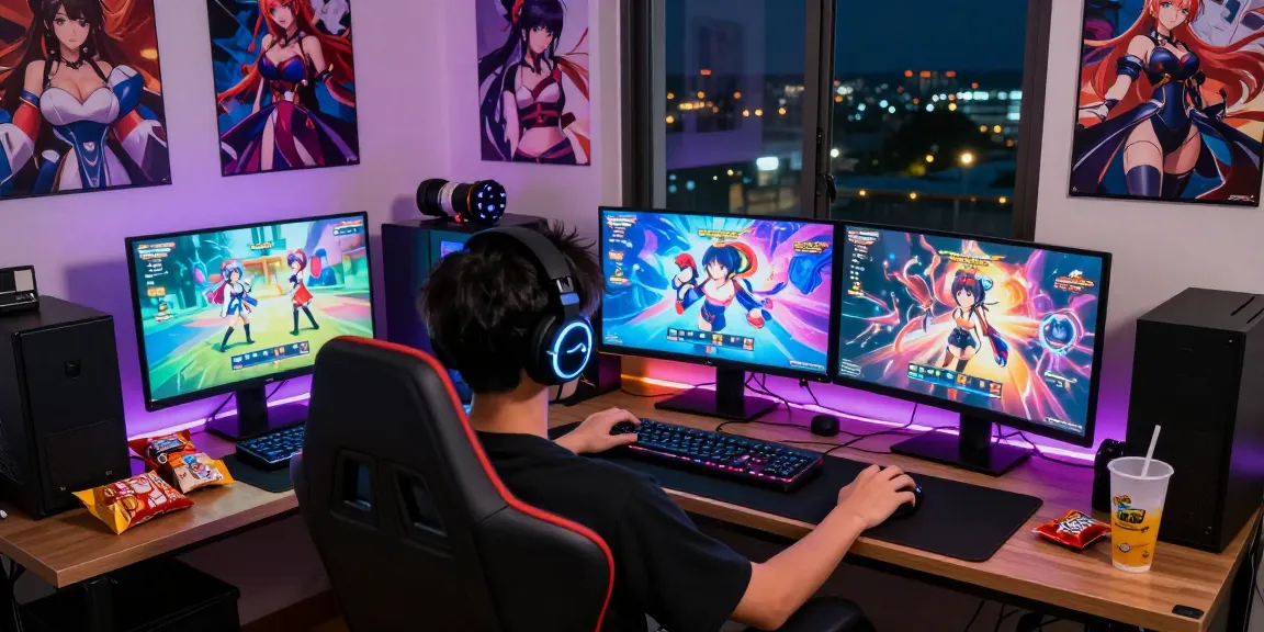 Immersive gaming setup showcasing a young adult enjoying hentai games with dual monitors and vibrant ambient lighting.