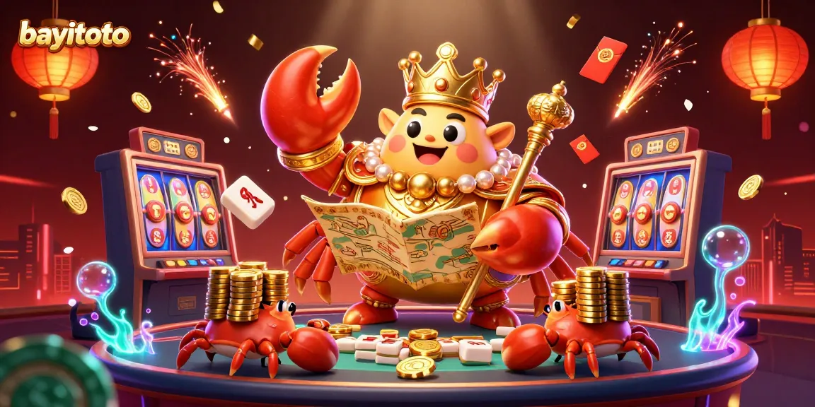 Experience the excitement of bayitoto casino with a vibrant illustration of golden crab emperor amidst glowing slot games and crab servers.