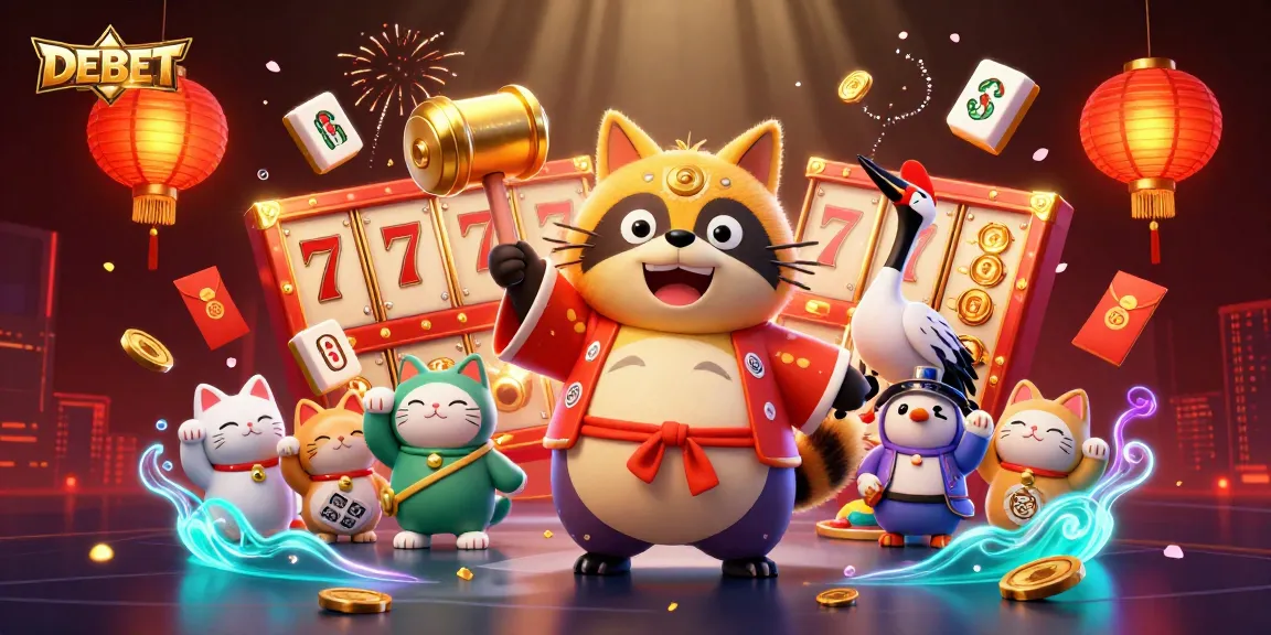 DEBET showcases a cheerful tanuki celebrating with jackpot elements in a vibrant casino scene.