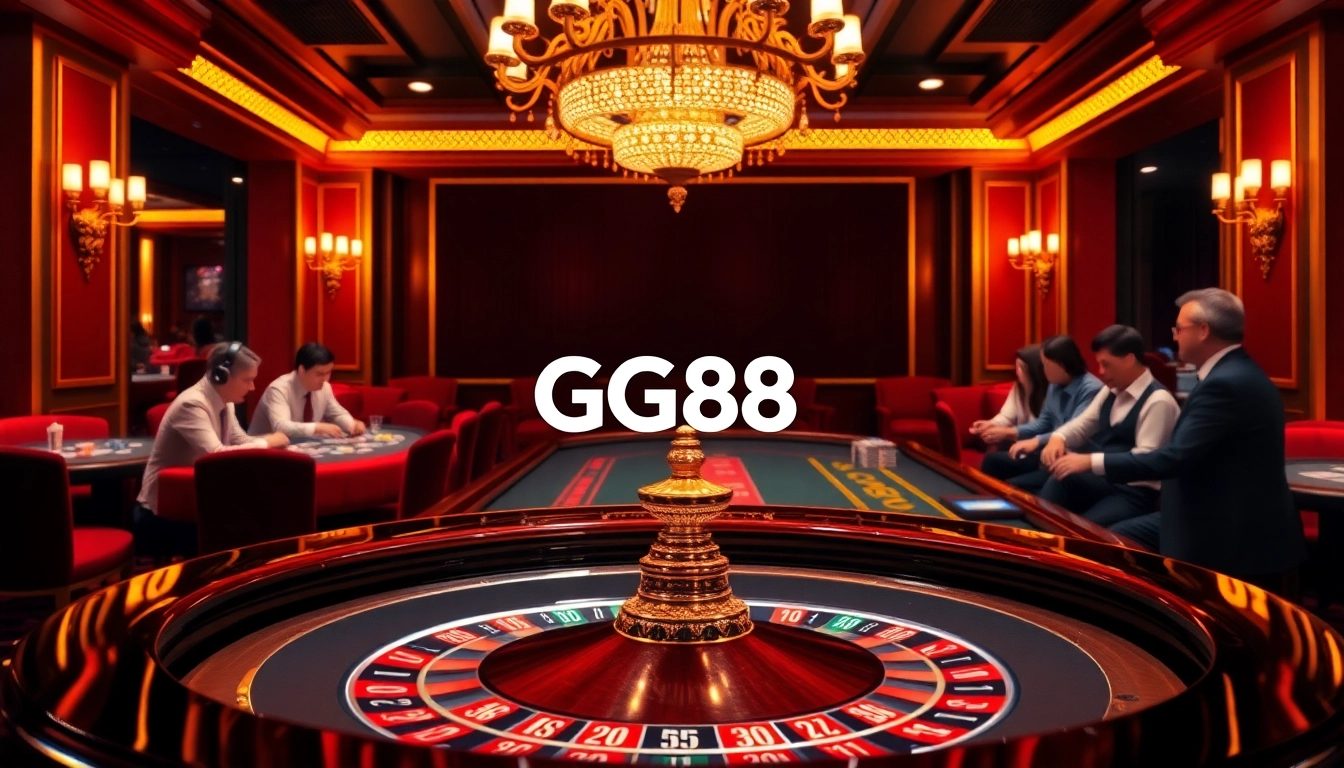 GG88 logo showcased at a luxury casino table with lively gamblers and chips.