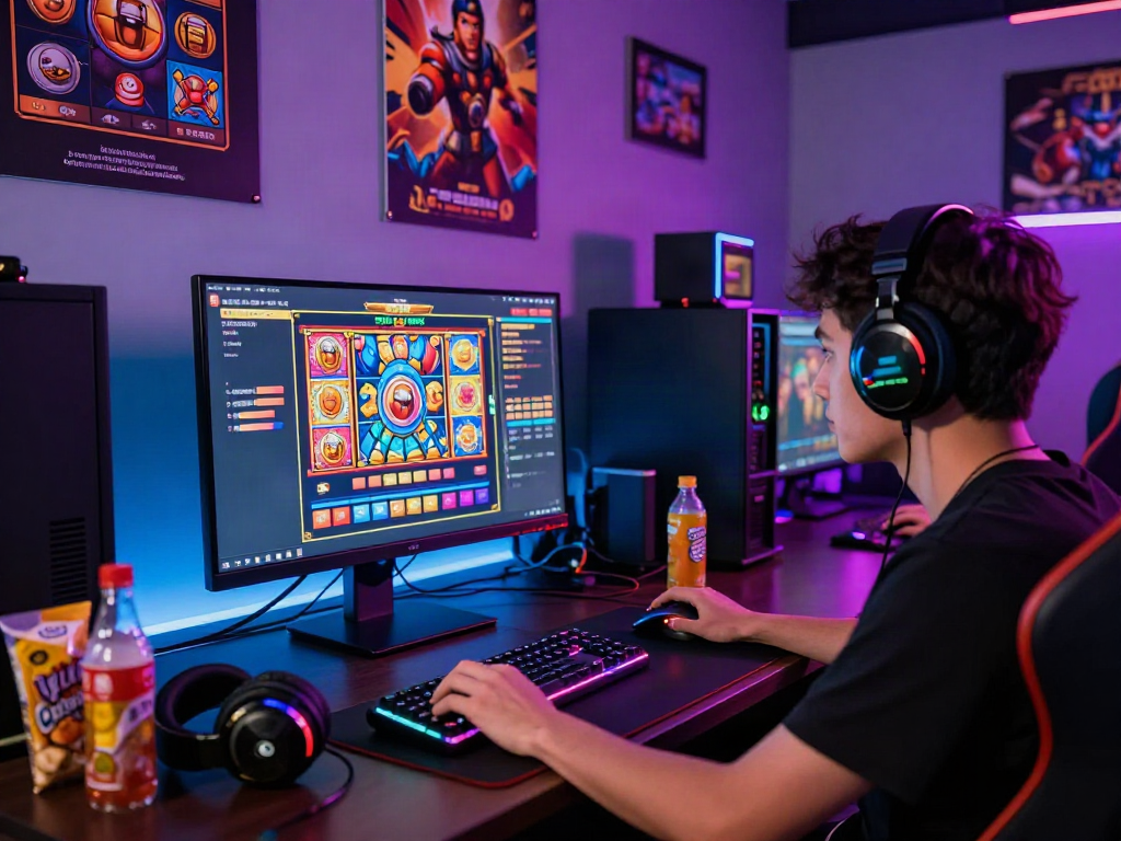 Exciting gaming setup featuring a toto slot game, player engaged with colorful graphics and ambient lighting.
