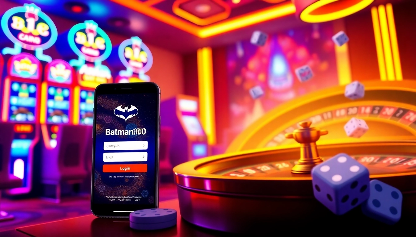 Engage in seamless batman138 login with a luxurious online gambling experience showcasing vibrant slots and poker elements.