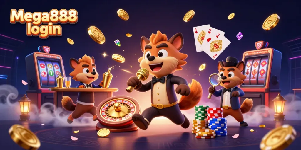 Experience Mega888 login with engaging casino fun in this lively illustration featuring hyenas.