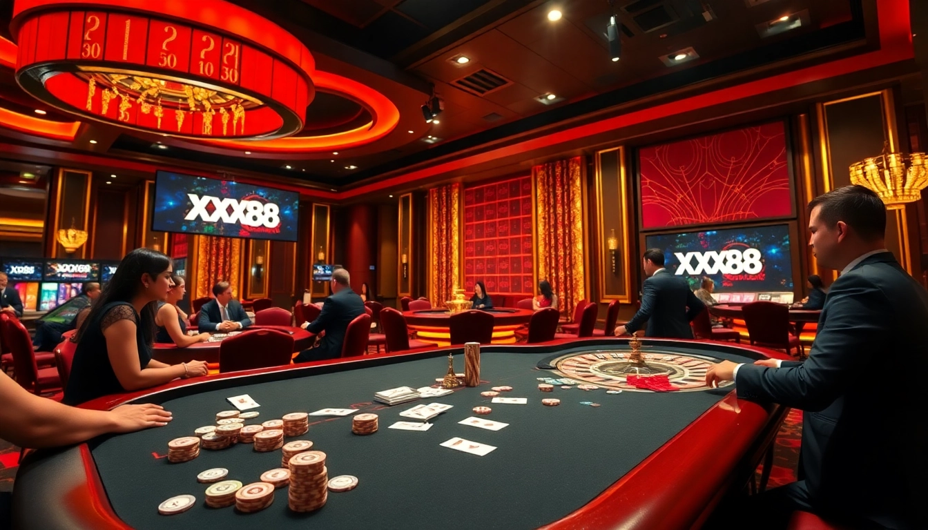 Players enjoying a thrilling game at XX88 casino tables with vibrant atmosphere and poker chips.