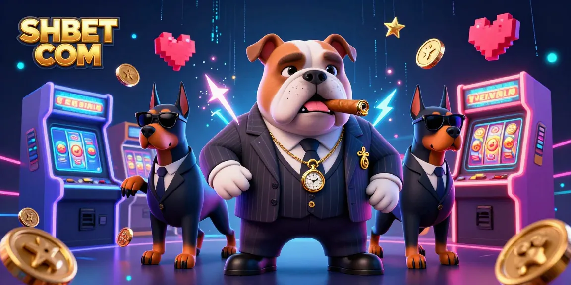 Experience thrilling wins at SHBET COM with vibrant casino-themed 3D illustration featuring a mafia bulldog and Doberman guards.