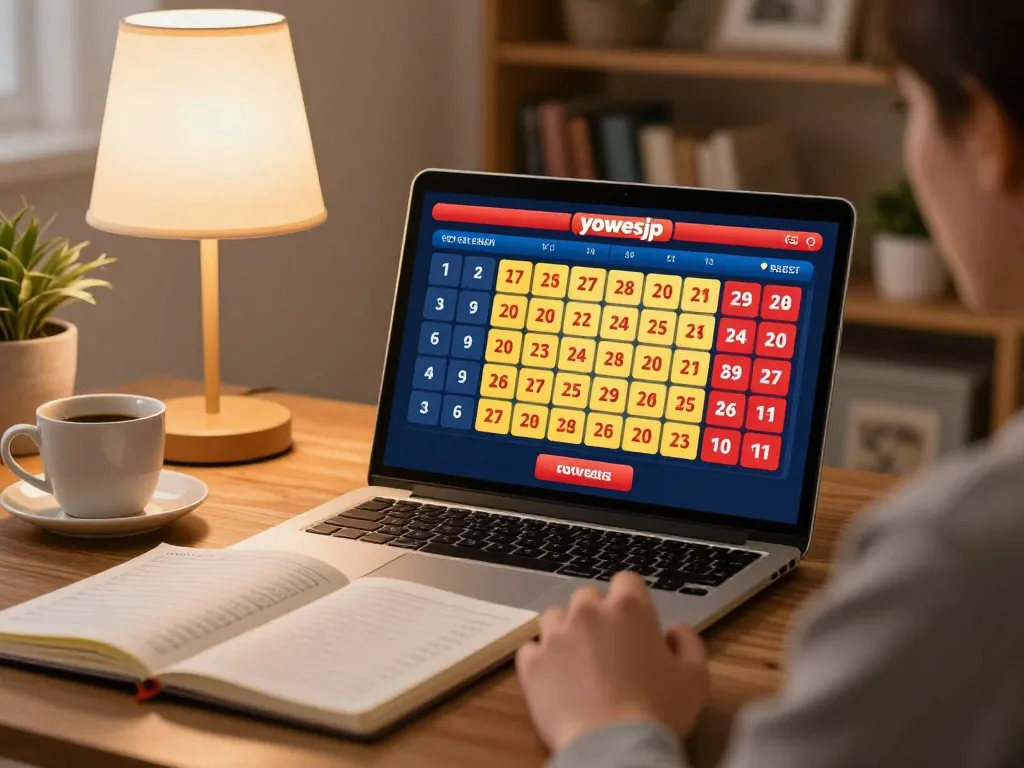 Engaging gaming moment with a player analyzing strategies on yowesjp for lottery results.