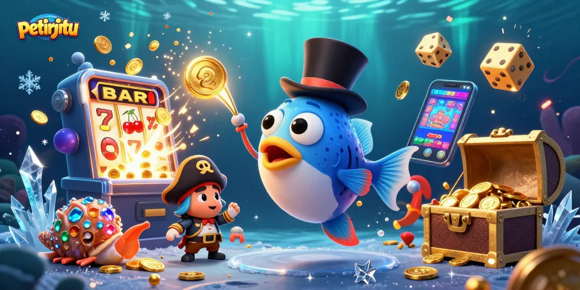 Saksikan petirjitu dengan ikan pemancing 3D menangkap koin emas di dunia kasino digital.