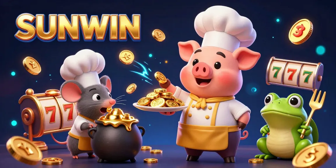 SUNWIN coins fly in a vibrant online casino scene featuring a chef pig, mouse, and frog.
