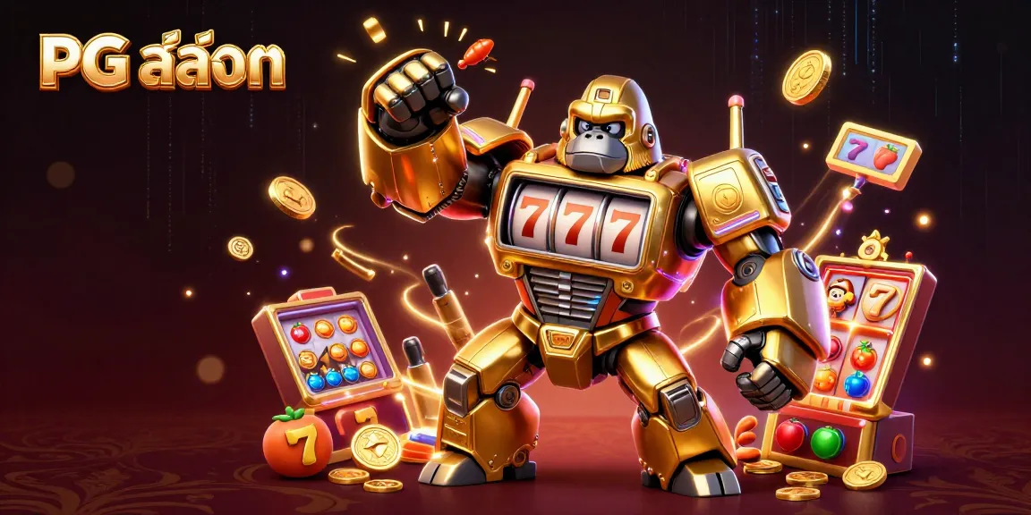 Engaging illustration showcasing PG สล็อต gaming elements with a dynamic golden gorilla mech theme.