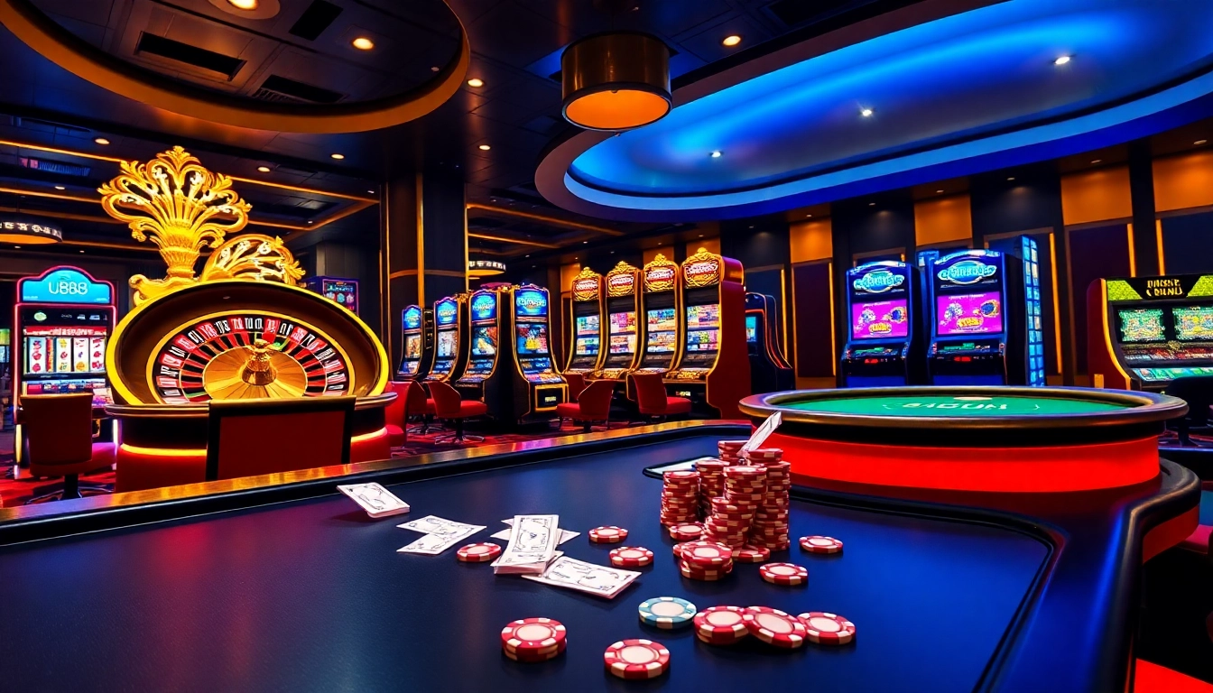 Experience exciting online gambling with U888 ph's vibrant casino atmosphere featuring slot machines and tables.