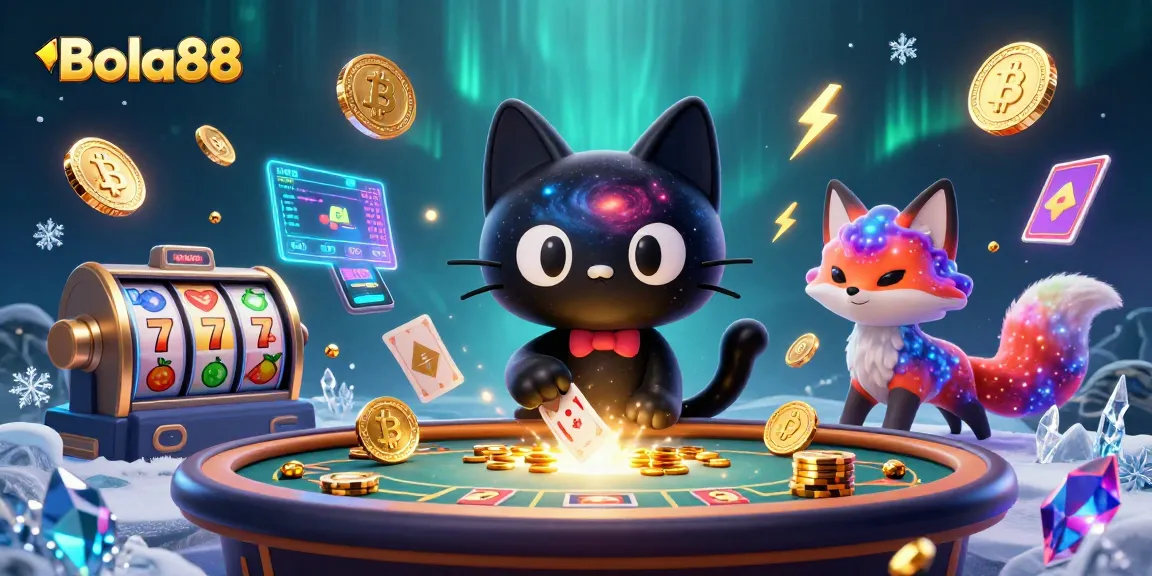Bola88 menarik kartu dan chip emas di meja kasino futuristik dengan kucing hitam berwarna galaksi.