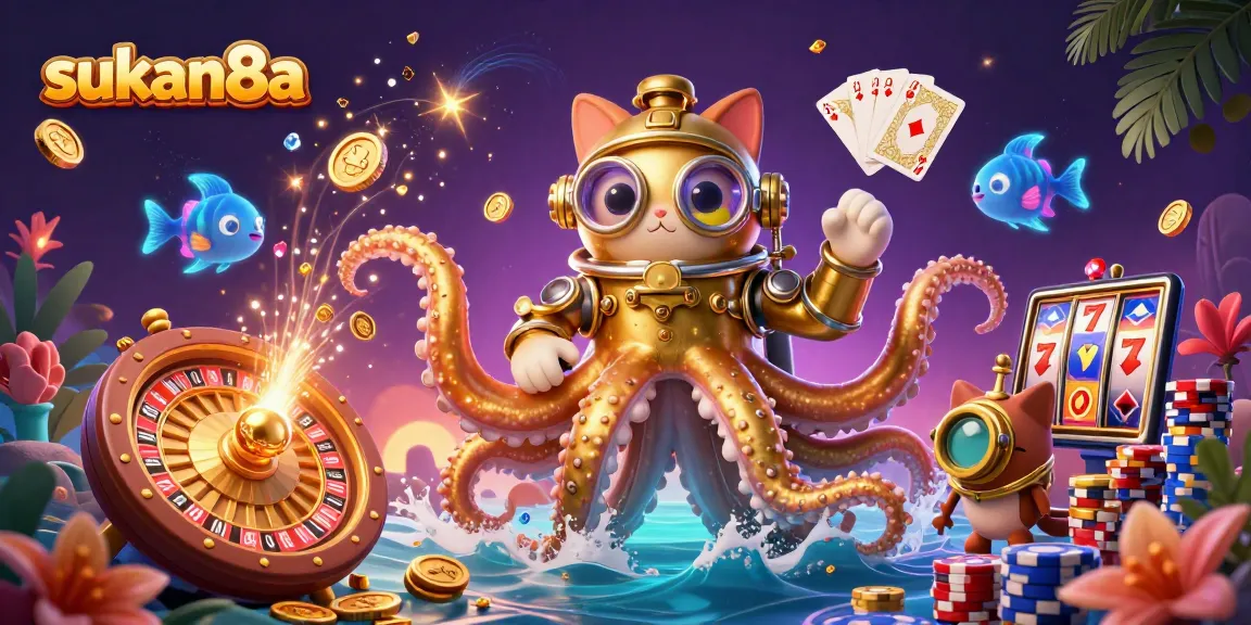 Sukan8a entices players with a vibrant 3D casino scene featuring a kraken and golden treasures.